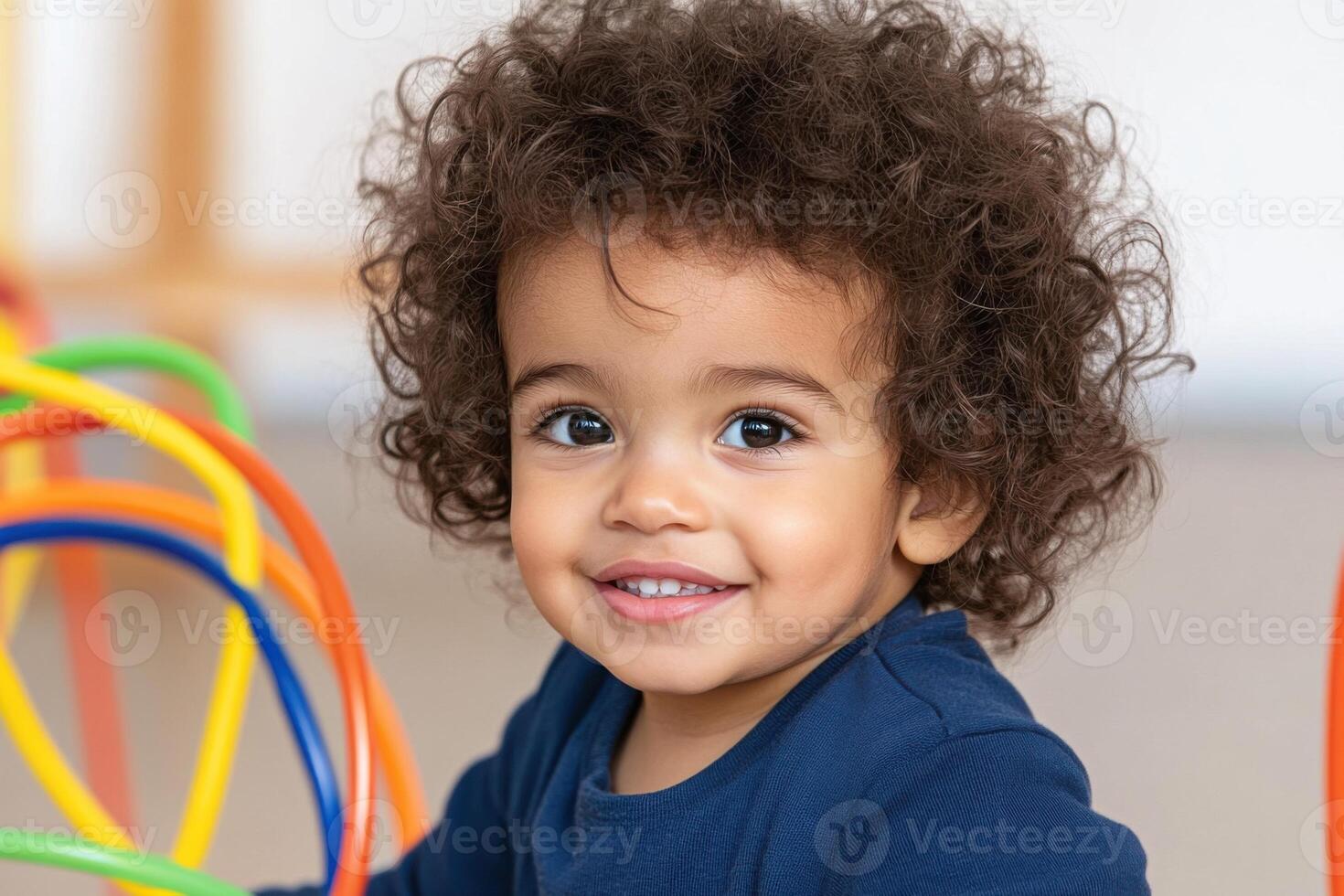 Smiling neurodiverse child joyfully playing with colorful sensory toys in a warm, inviting indoor space photo