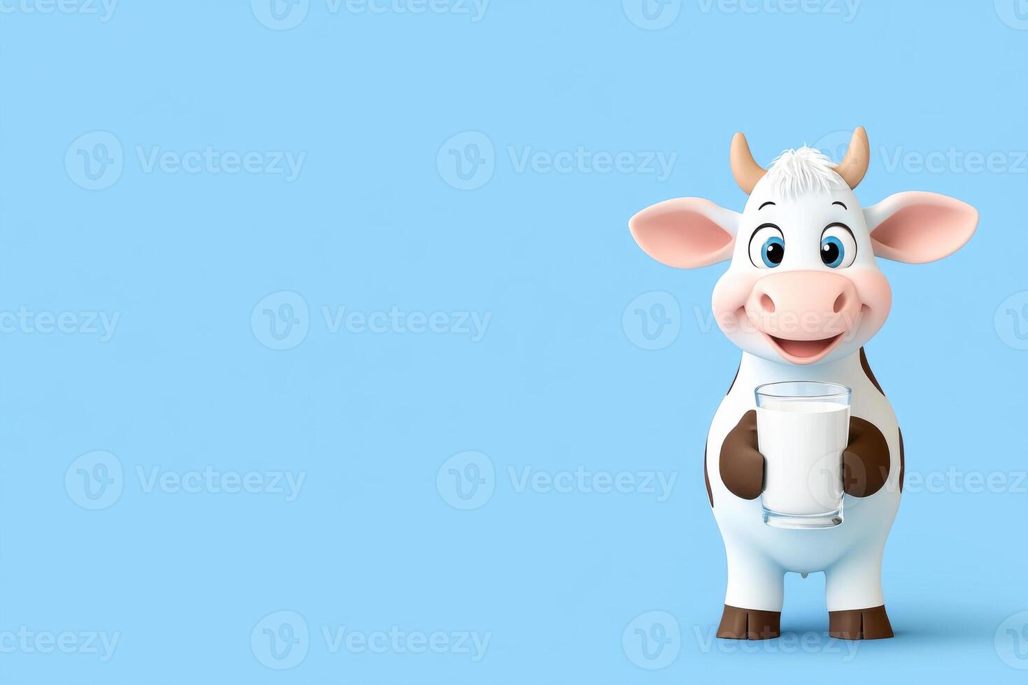 Happy cartoon cow enjoying fresh milk in a bright blue background for a cheerful dairy advertisement concept photo
