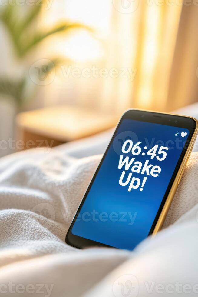 Smartphone alarm displaying 06.45 wake up notification in soft morning light on a bed with cozy bedding and a hint of greenery nearby photo