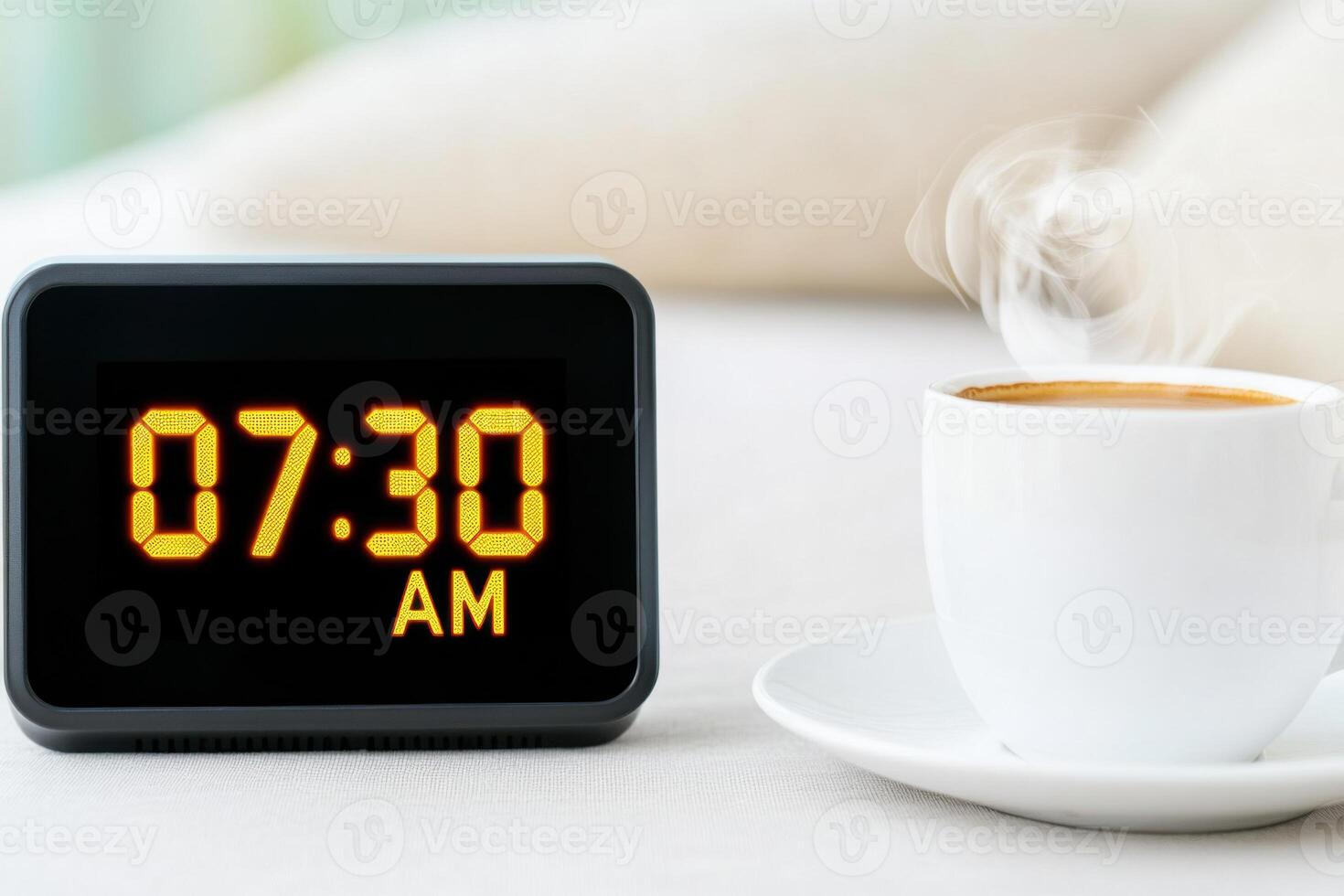 Retro digital flip clock shows 07.30 AM beside a steaming cup of coffee on a minimalist bedside table for a cozy morning vibe photo