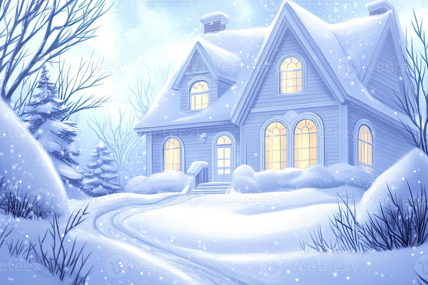 Charming vintage house in soft lavender tones surrounded by light snow with warm glowing windows creates a cozy winter atmosphere photo