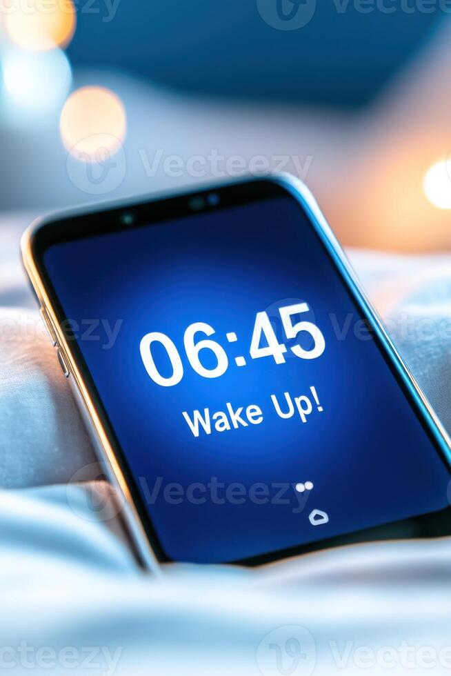 Smartphone alarm screen displaying 06.45 Wake Up reminder on cozy bed with soft morning light and snooze options photo