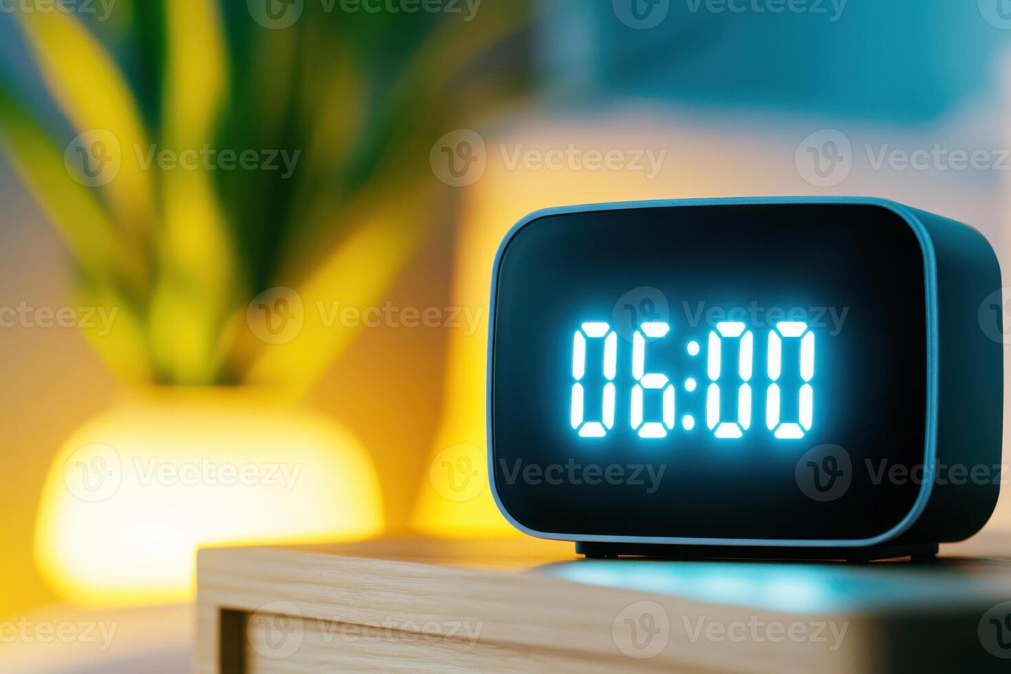 Modern digital alarm clock displaying 06.00 on a stylish wooden nightstand in soft morning light photo
