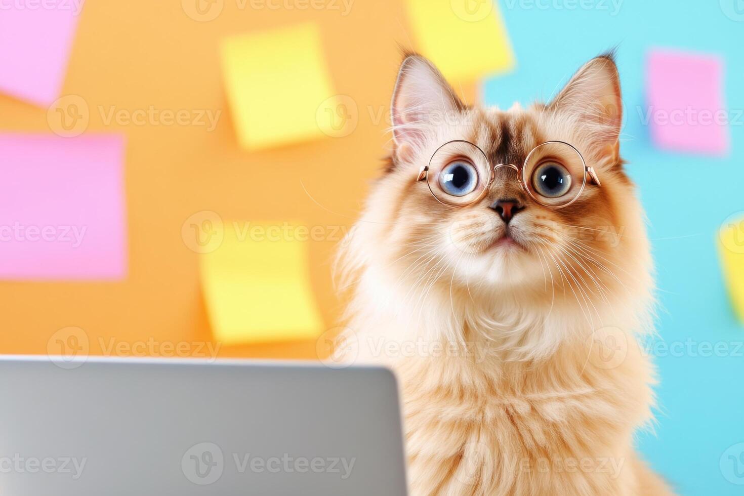 Ragdoll cat with headphones and spectacles engaged in an online meeting with colorful post-it notes in the background photo