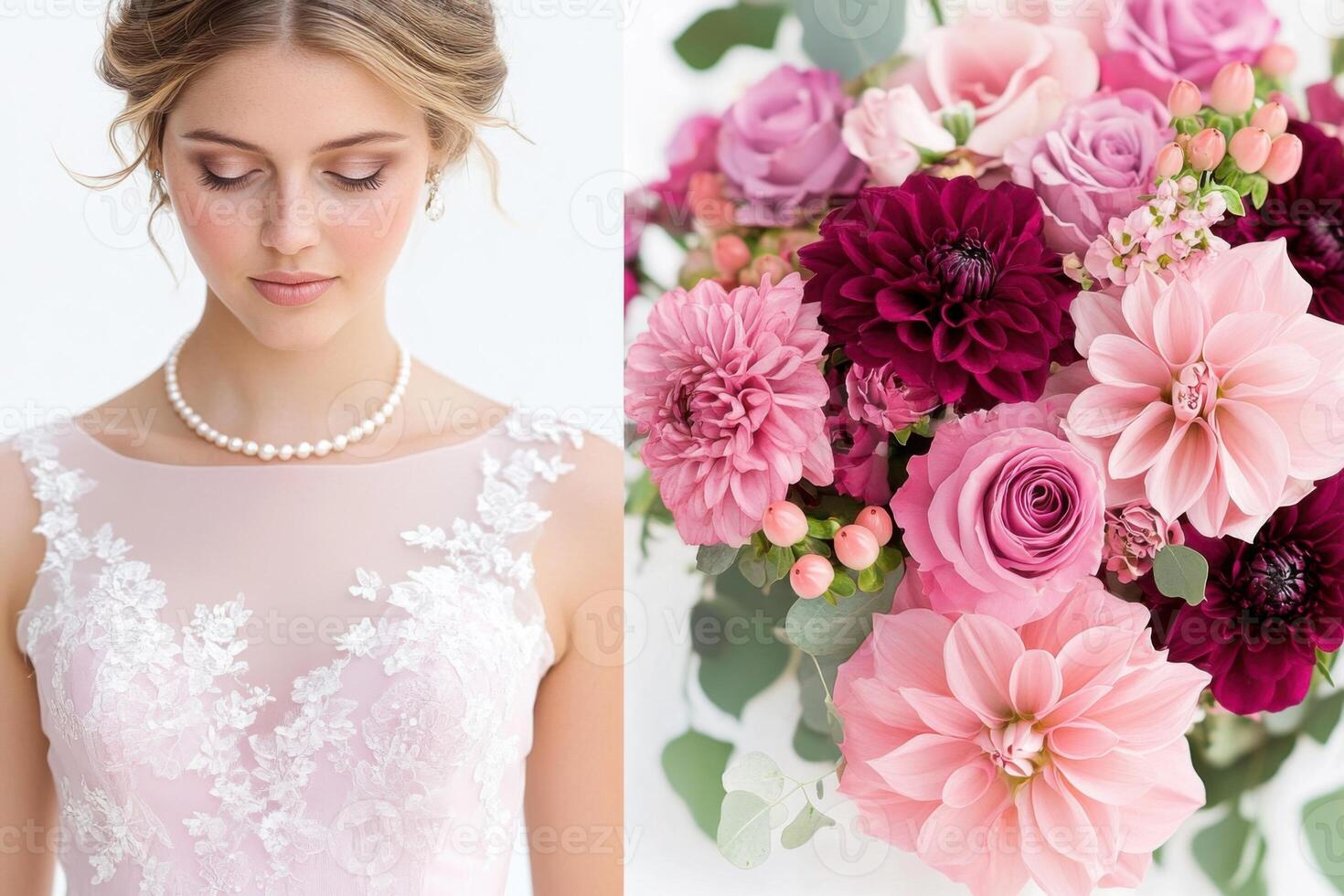 Romantic wedding mood board featuring a bride in a light pink gown surrounded by vibrant floral arrangements and soft lighting accents photo