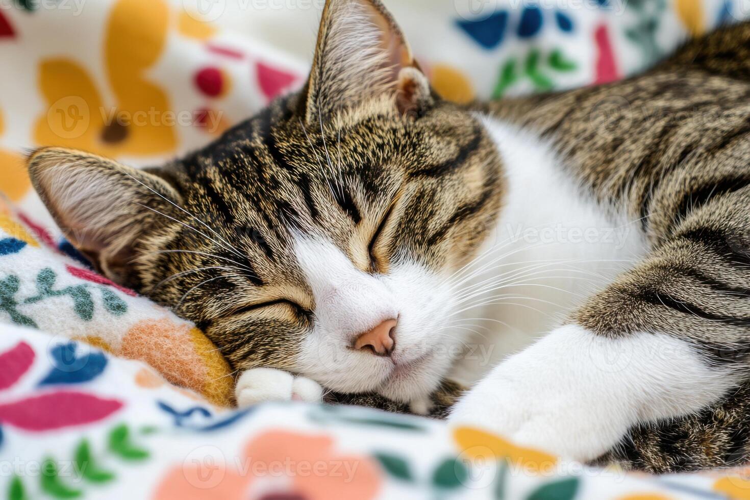 Sleepy tabby cat snugly resting on a vintage floral blanket in a warm and inviting cottage setting photo