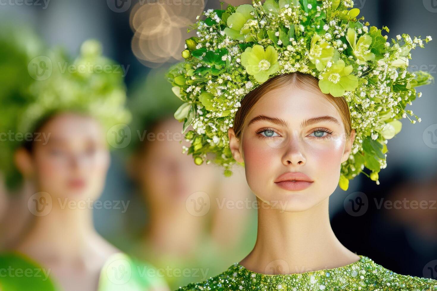 Fashion runway features green models wearing botanical couture under dramatic lighting at a vibrant event showcasing eco-friendly styles photo
