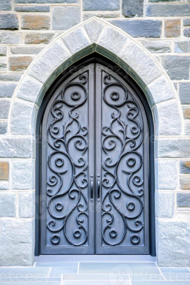 Gray arched door featuring intricate ironwork set against a backdrop of a European stone building showcasing architectural elegance photo