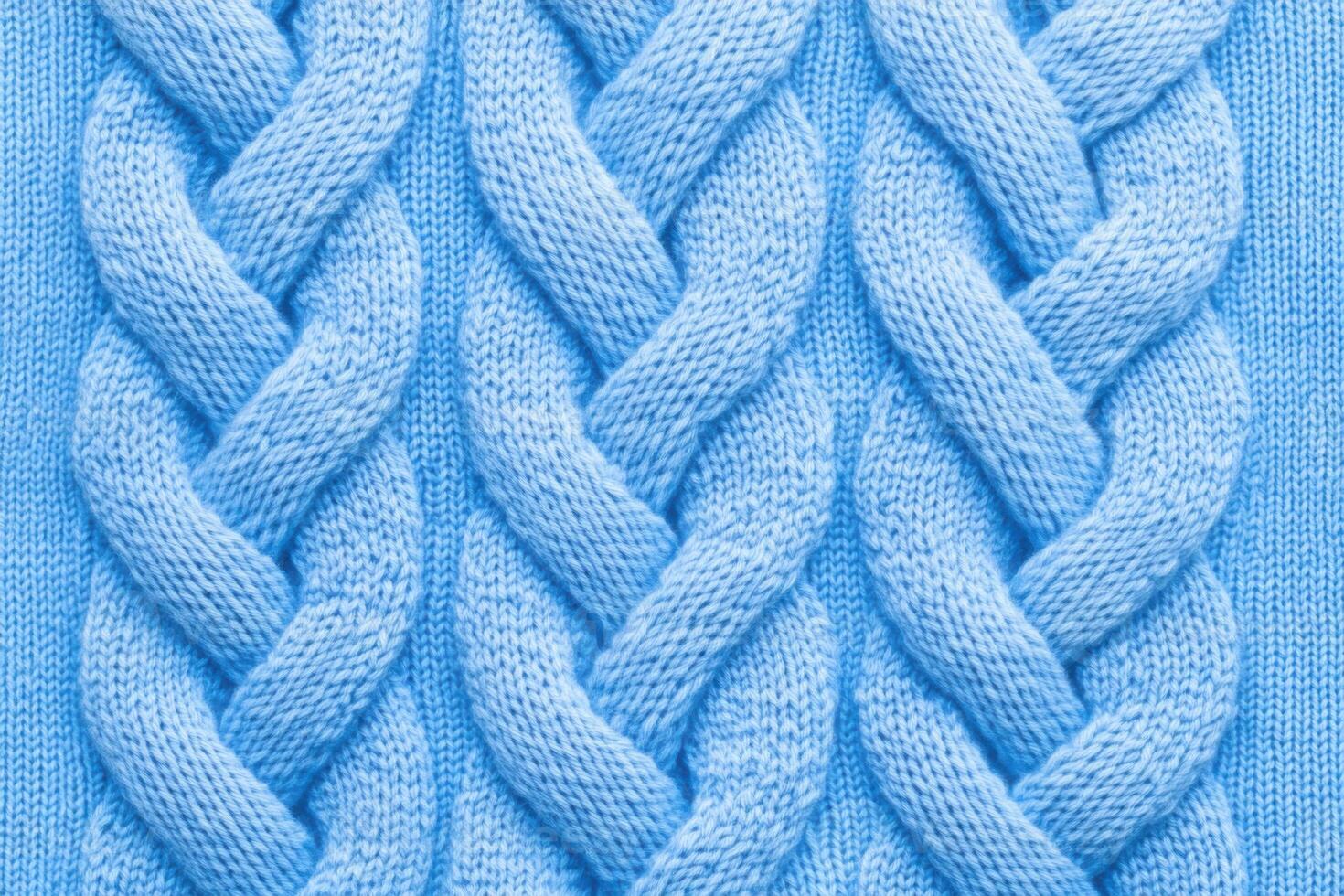 Close-up view of hand-knitted blue cable knit fabric featuring intricate patterns in Pantone Little Boy Blue soft texture photo