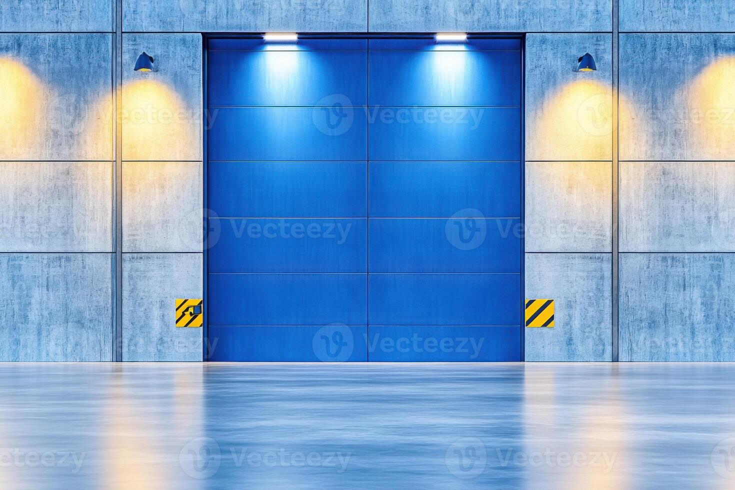 Gray industrial steel door stands in a concrete corridor under moody lighting with illuminated walls and distinct architectural features photo
