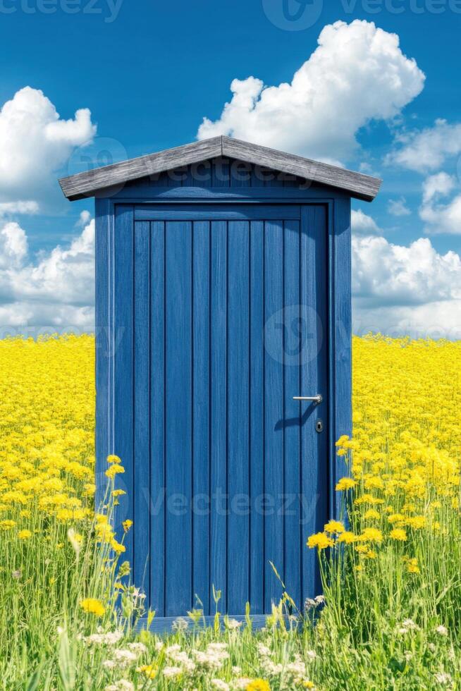 Surreal gray door standing alone in vibrant yellow field under a blue sky with soft white clouds photo