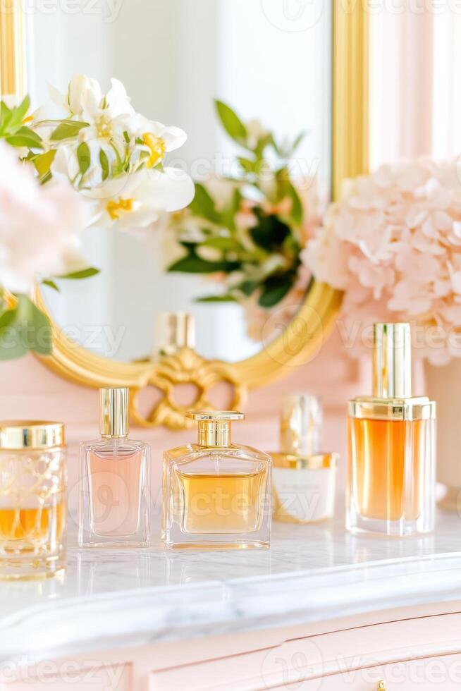 Luxurious vanity table adorned with ornate mirror and elegant cosmetics against pastel wall in a chic setting photo