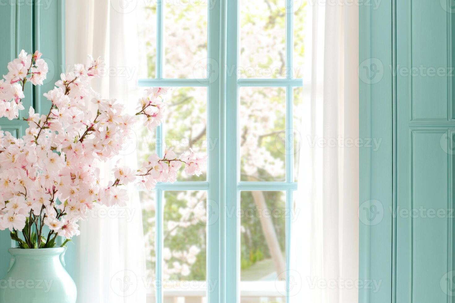 Dreamy French garden window with sheer curtains and floral accents creates a soft nostalgic atmosphere in a tranquil setting photo