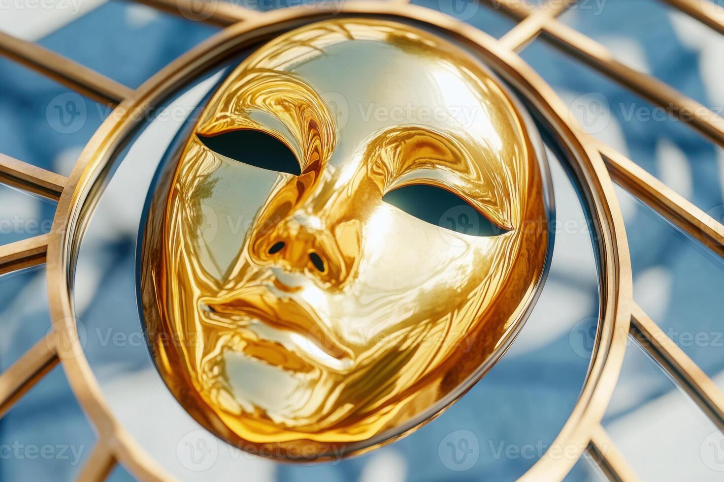 Symbolic composition of a golden mask on a vanity table reflecting in a distorted mirror, representing themes of vanity and identity exploration photo
