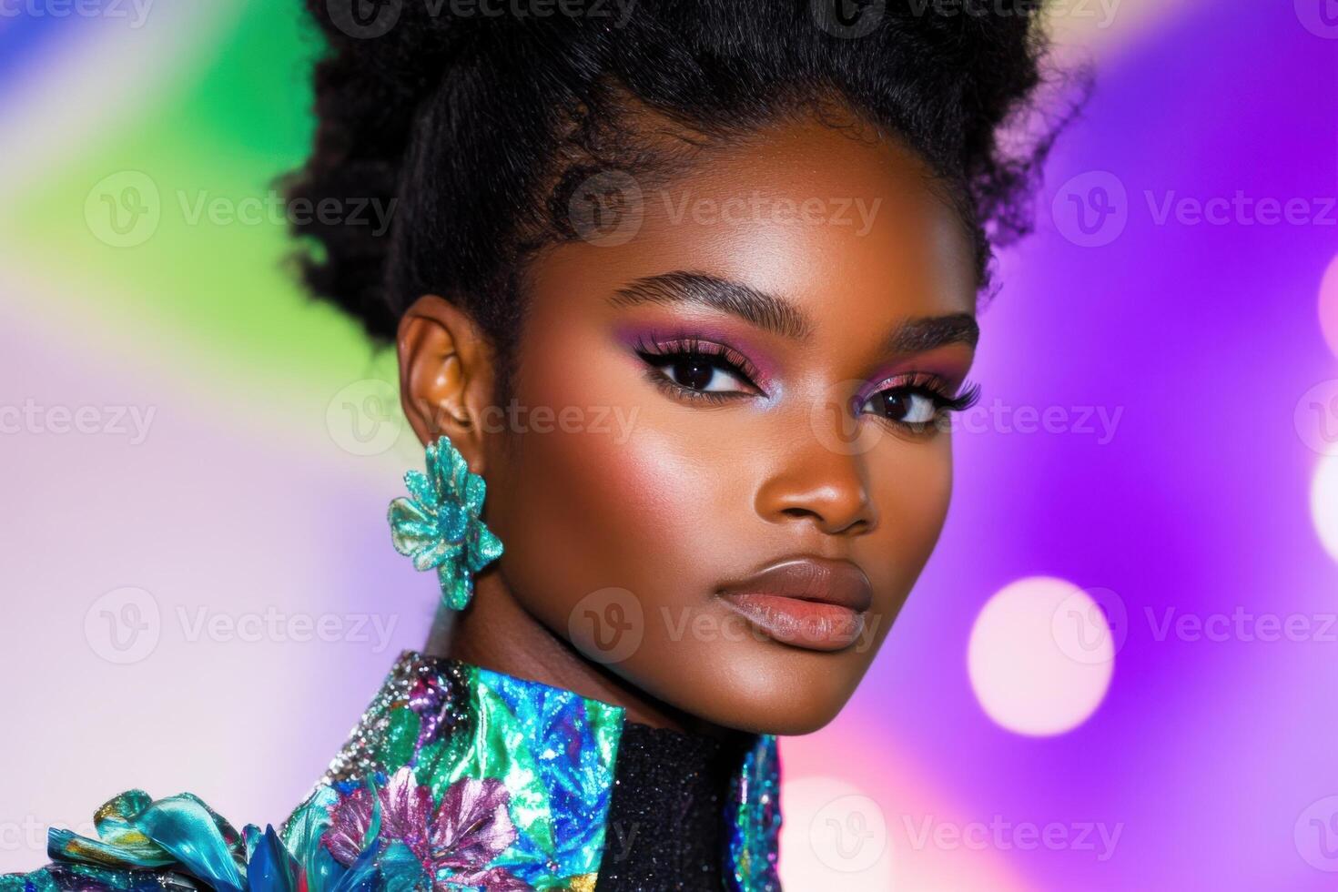 Bold floral runway presentation features a model in a structured coat adorned with 3D flower details, showcasing vibrant lighting at a fashion event photo