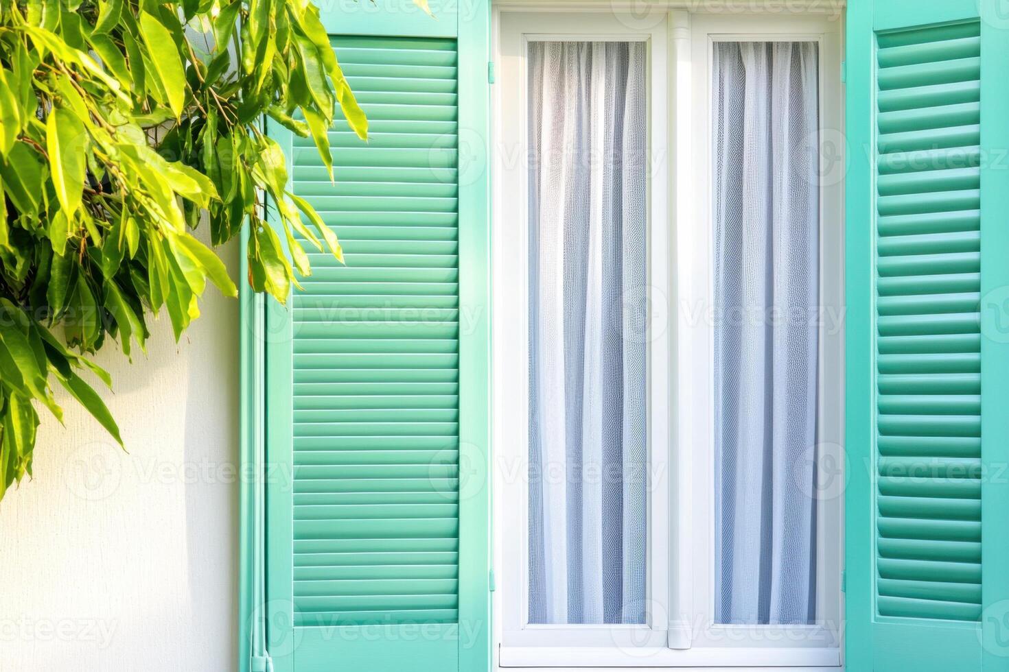 Dreamy garden window with teal shutters and sheer curtains invites tranquility and nostalgia in a French setting photo
