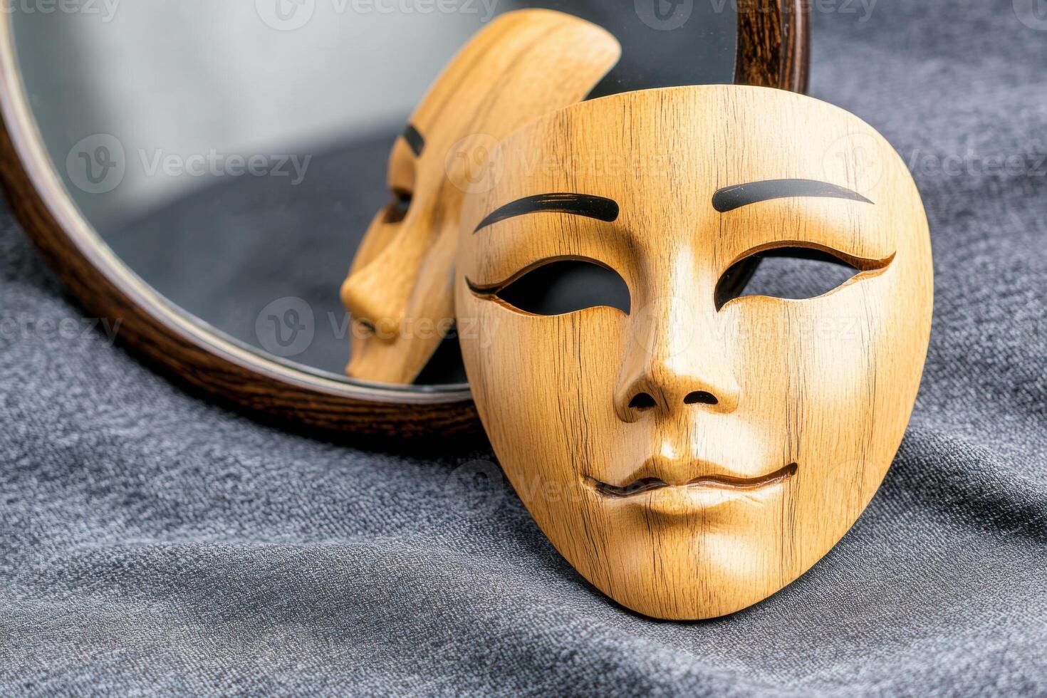 Symbolic composition of a wooden mask on a vanity table with a distorted reflection in a mirror, representing themes of identity and vanity in contemporary context photo