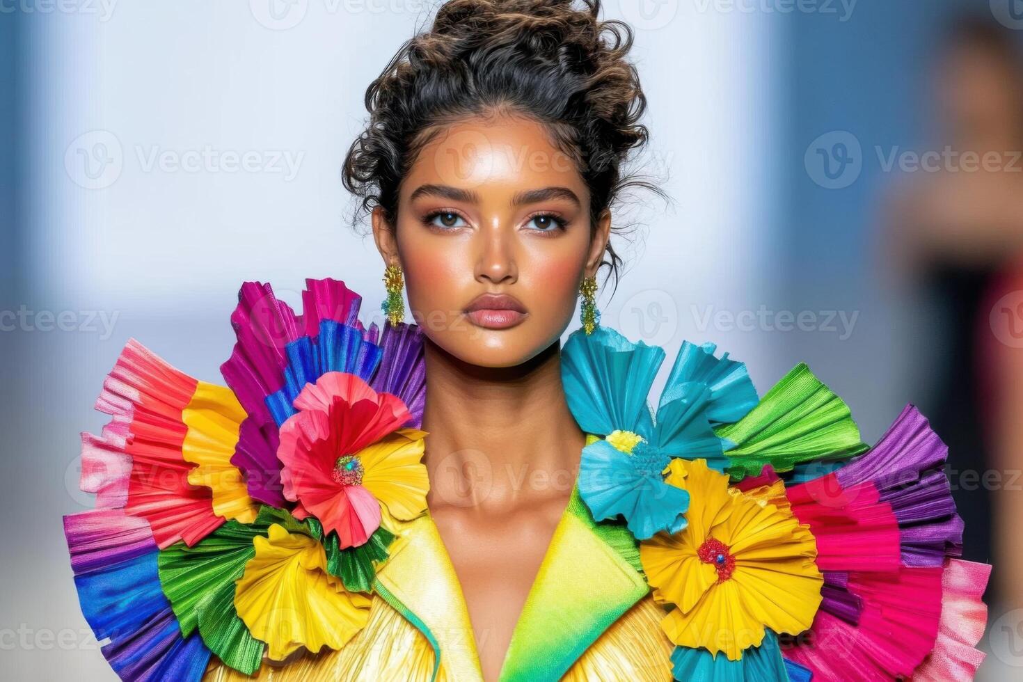 Bold floral fashion runway showcases model in structured coat adorned with 3D flower details under vibrant lighting photo