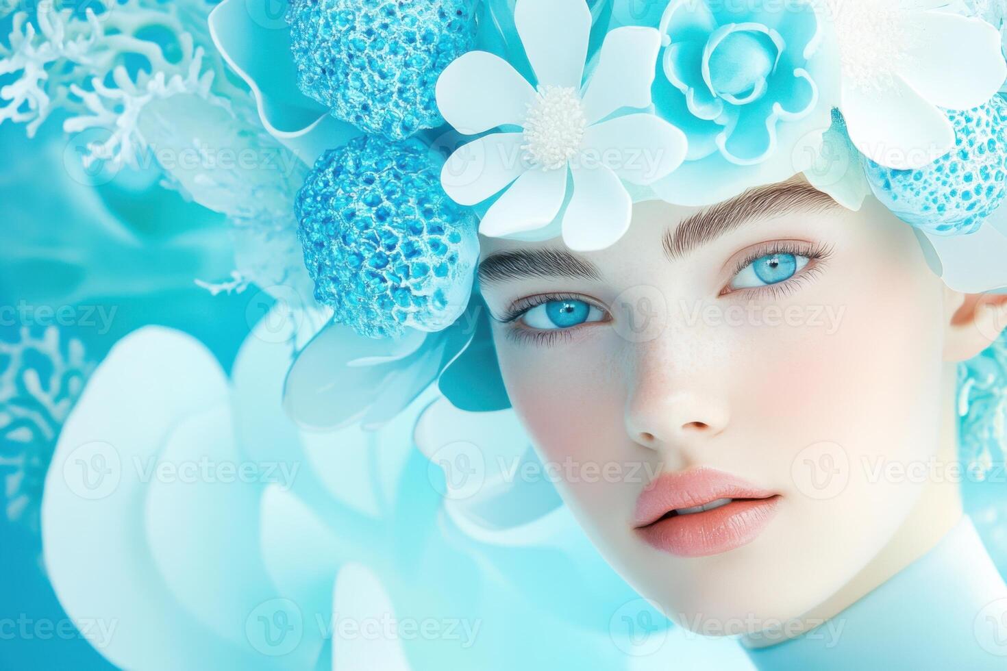 Fashion editorial showcases abstract floral headpieces inspired by oceanic textures and dreamy biomimicry couture in vibrant aquamarine hues photo