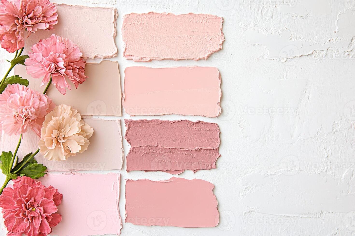 Curated interior moodboard showcasing luxurious textures, color swatches, and floral elements in soft blush and charcoal palette photo