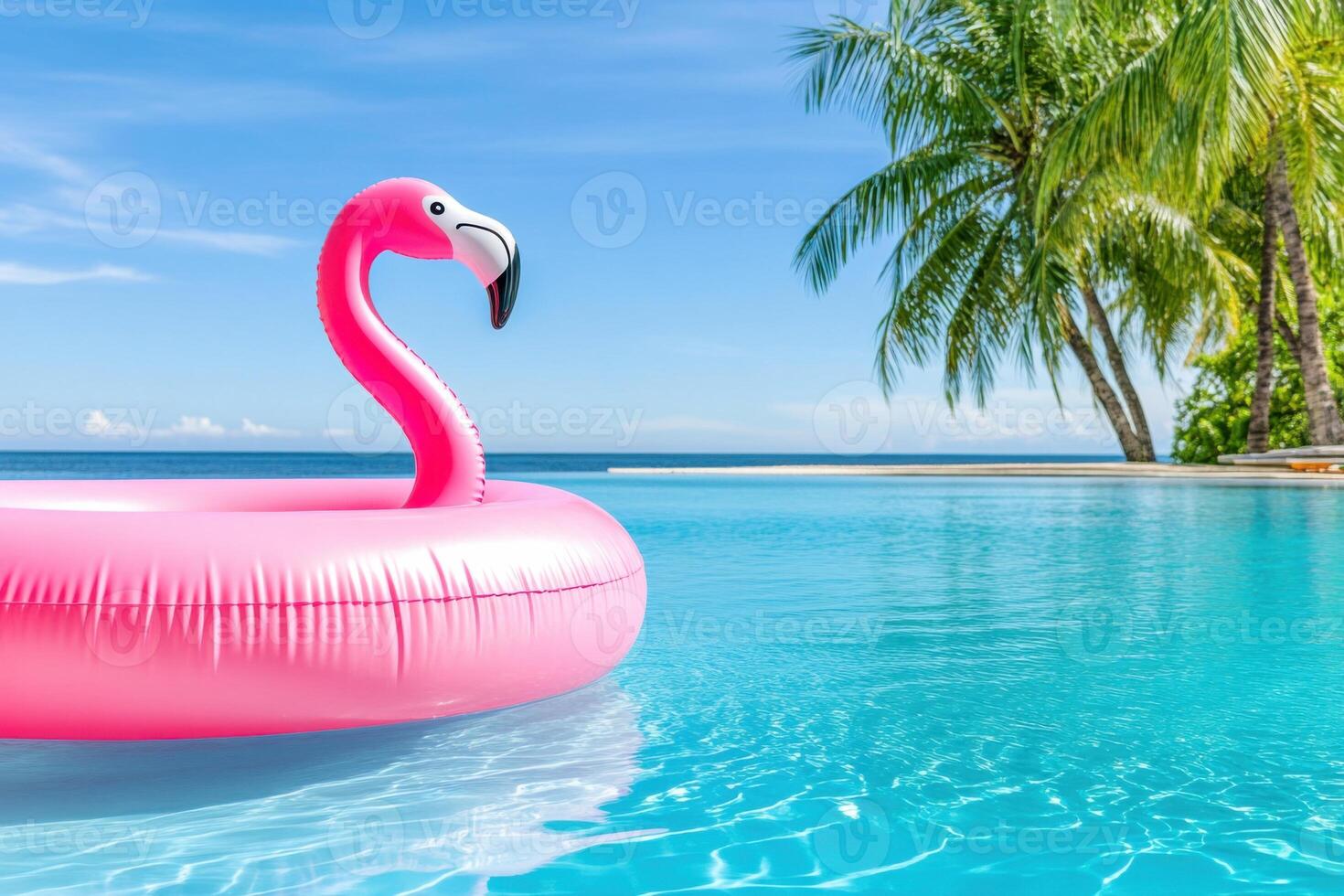 Vibrant summer pool atmosphere featuring large pink flamingo float in clear turquoise water with palm trees and bright blue sky photo