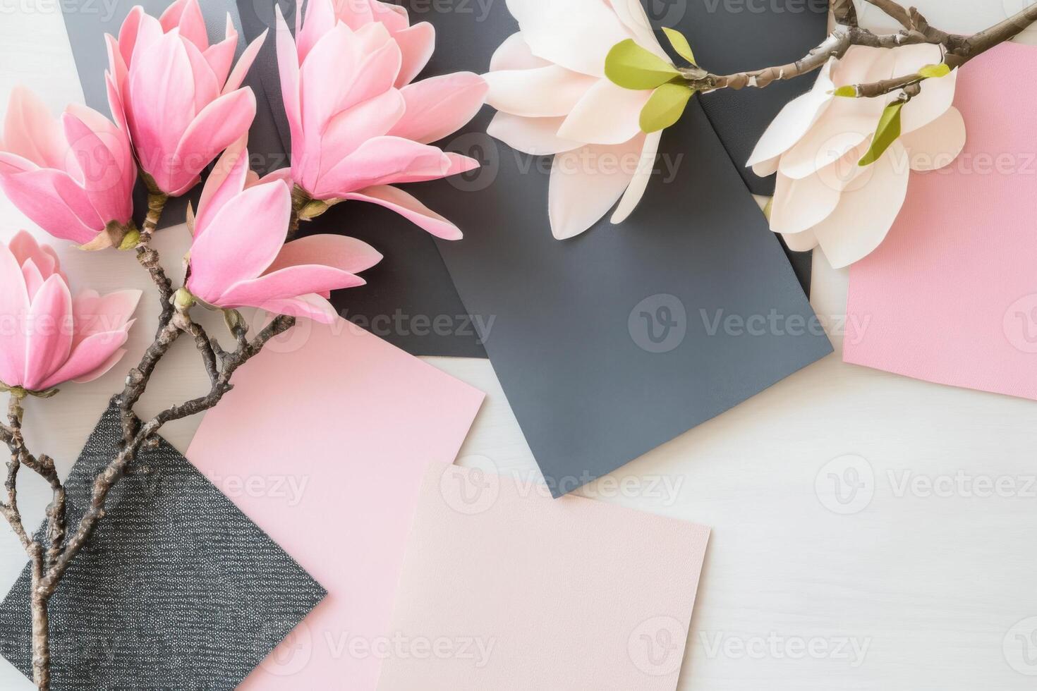 Curated interior moodboard showcasing luxury textures and floral elements in a blush and charcoal color palette for design inspiration photo