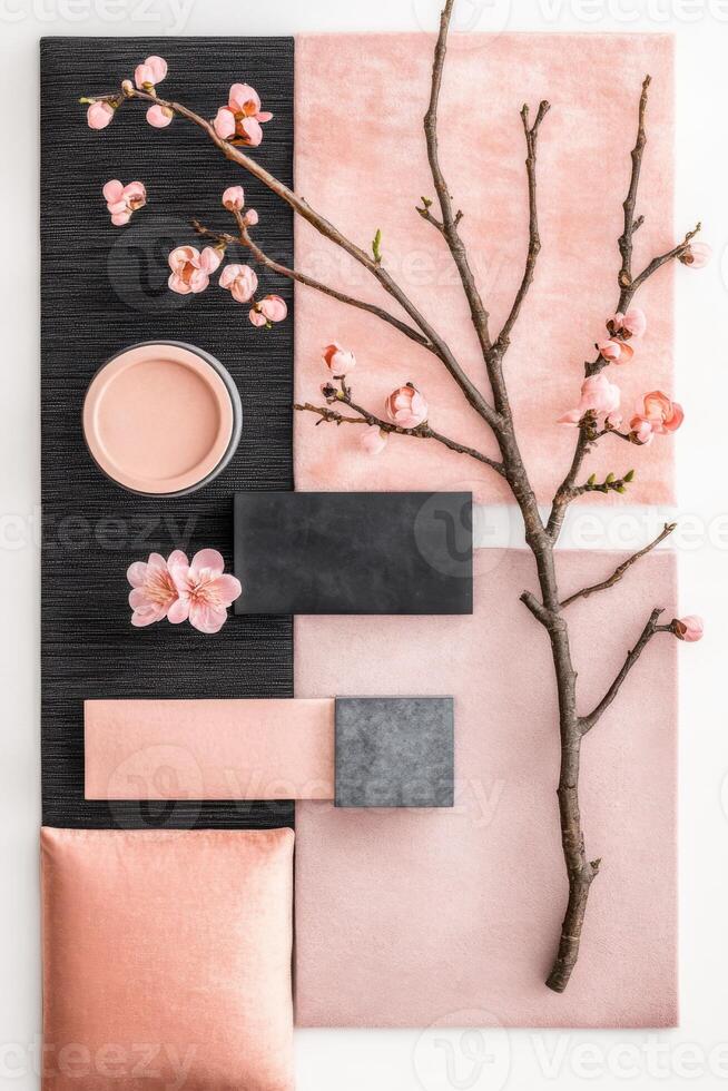 Curated interior moodboard showcasing luxurious blush and charcoal textures with floral accents for elegant design inspiration photo
