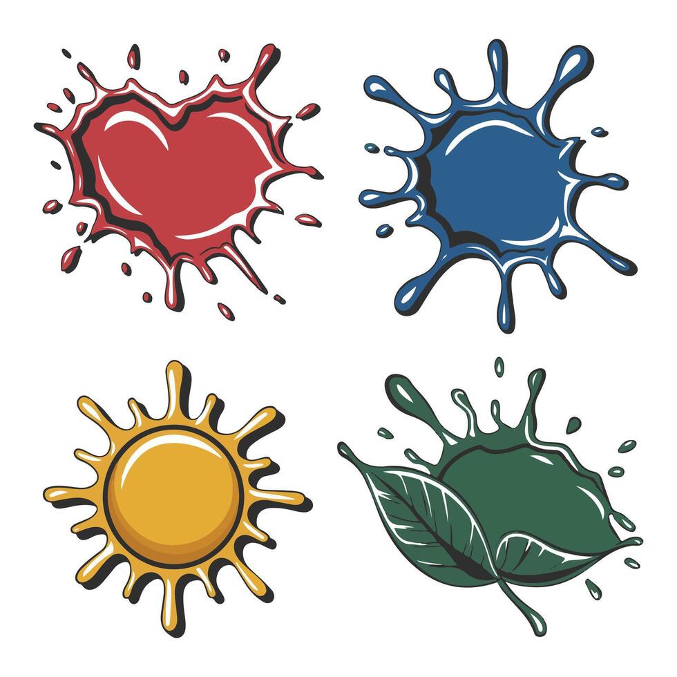 Four different colored splash splashes and leaves vector