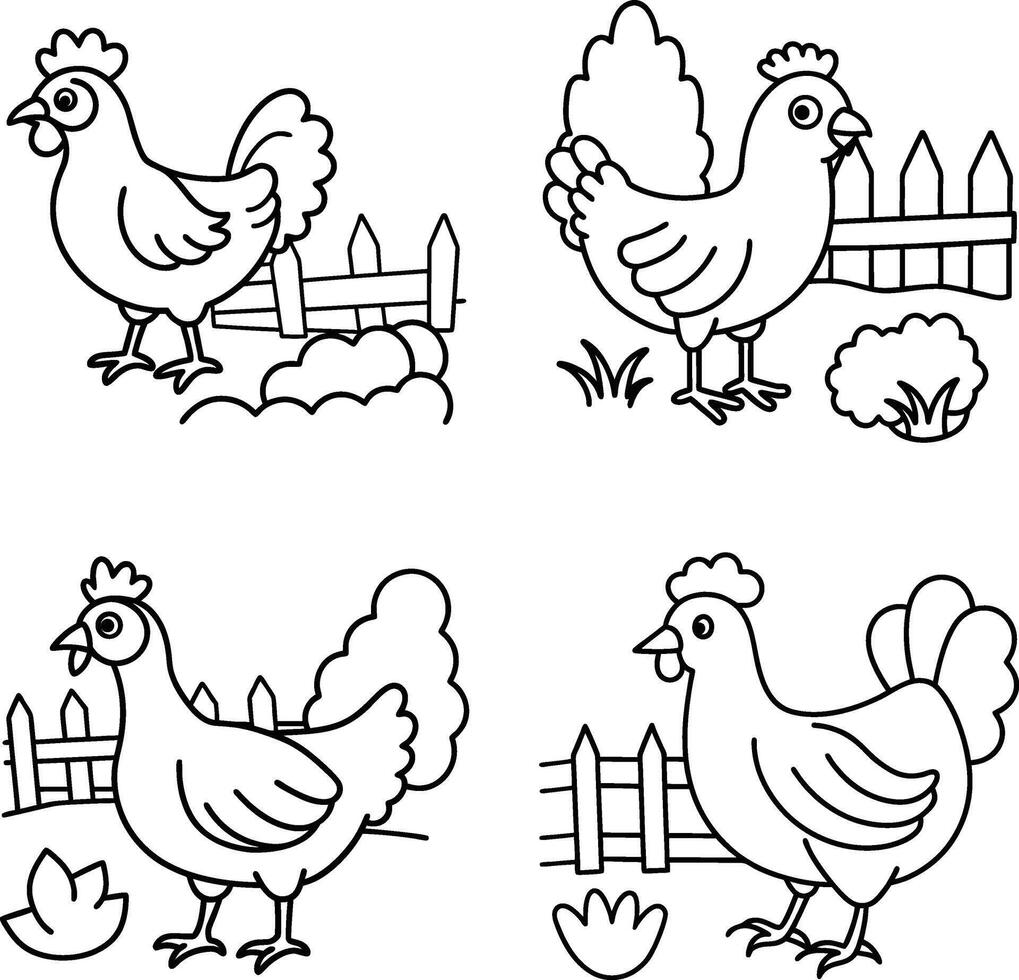 Black and White Chicken Line Art Hand Drawn Illustrations Farm Animal Set Coloring Page vector