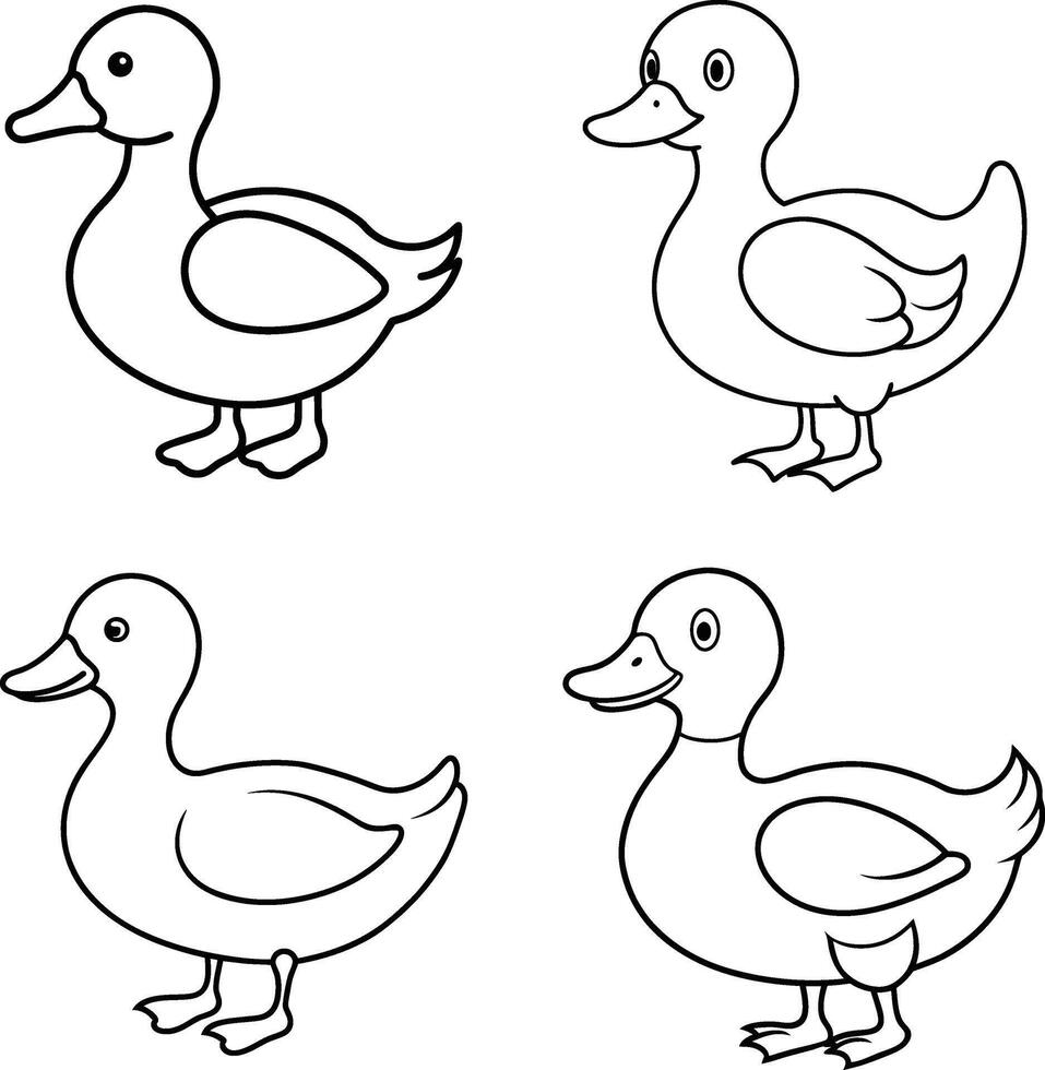 Cute Cartoon Duck Outline Set Black and White Illustration Line Art Coloring Page vector
