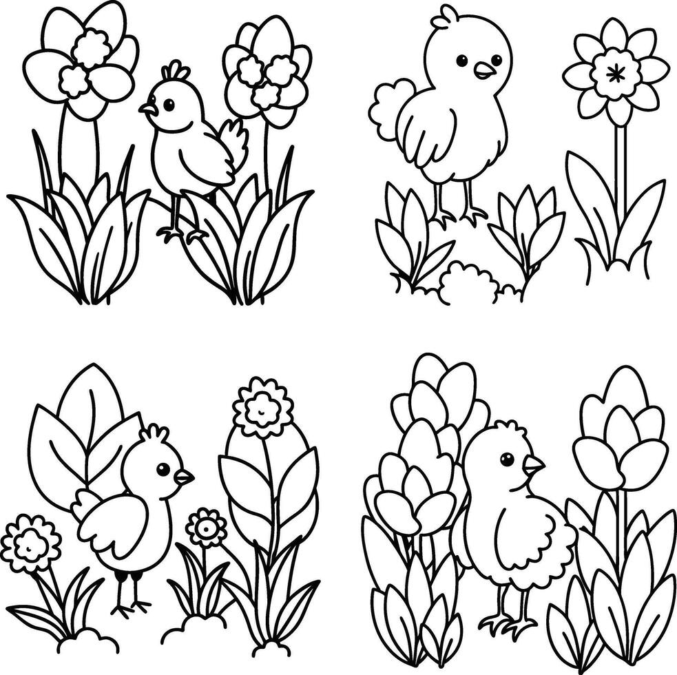 Farm Animal Line Art Hand Drawn Chicken Illustrations Black and White Set Coloring Page vector
