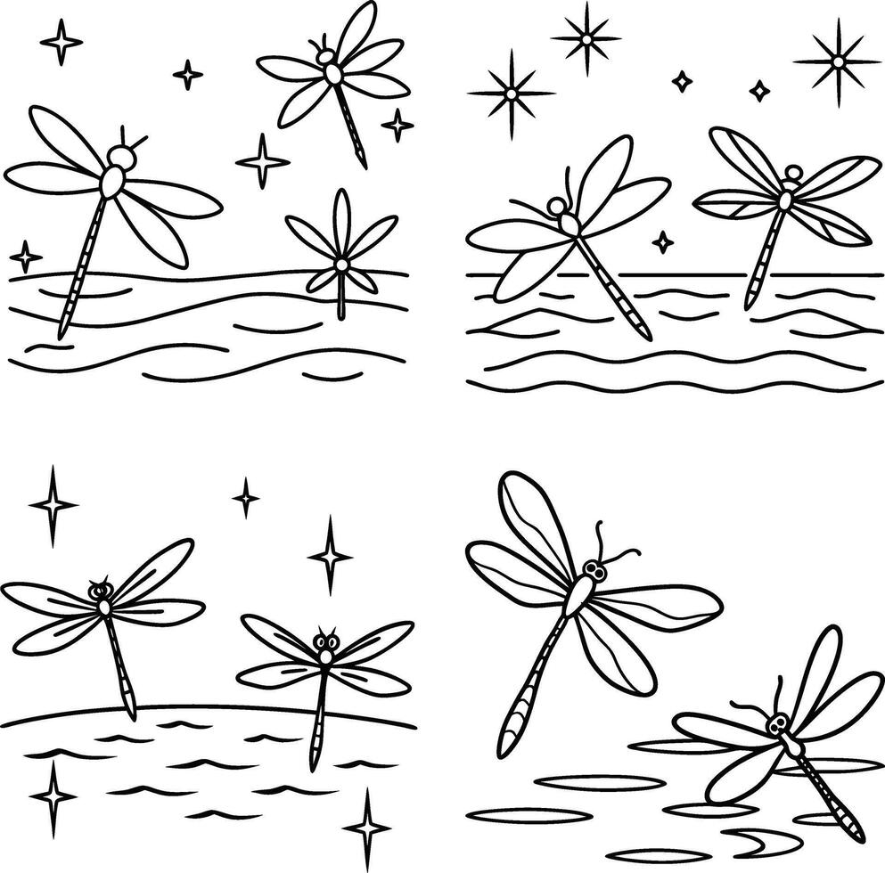 Hand Drawn Black and White Line Art Insect Illustrations Set Drawing Page vector