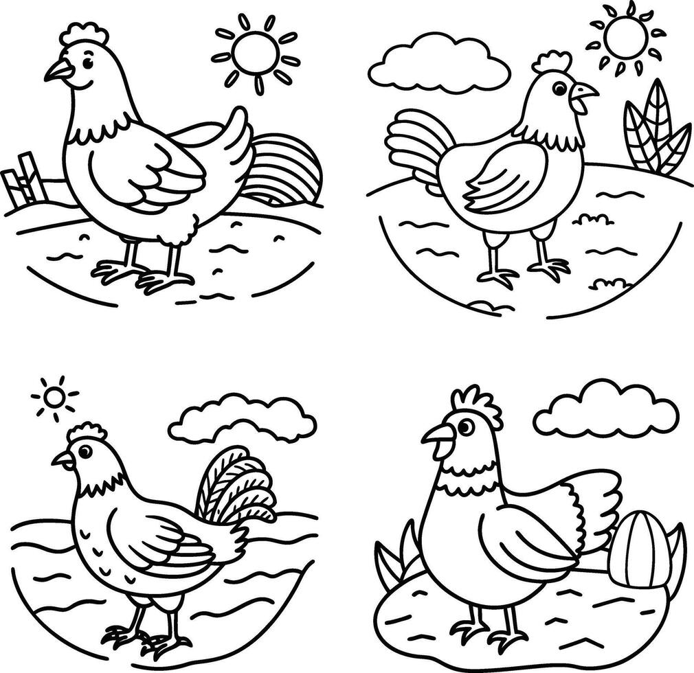 Chicken Line Art Illustrations Hand Drawn Farm Animal Black and White Set Coloring Page vector