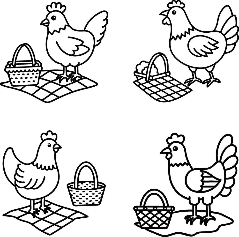 Farm Animal Set Line Art Hand Drawn Chicken Illustrations Black and White Coloring Page vector