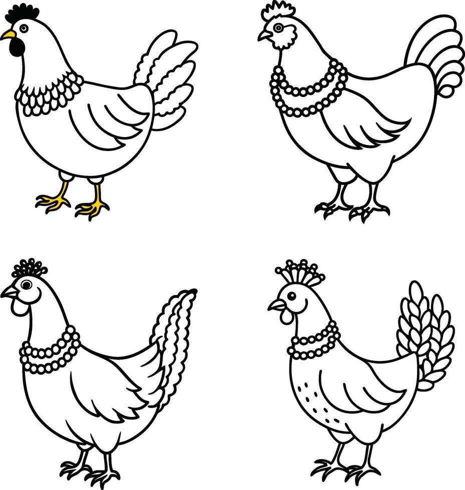 Hand Drawn Chicken Illustrations Black and White Set Farm Animal Line Art Coloring Page vector