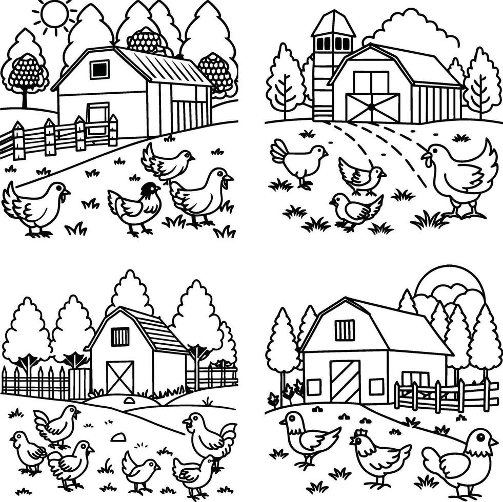 Black and White Chicken Line Art Illustrations Farm Animal Hand Drawn Set Coloring Page vector