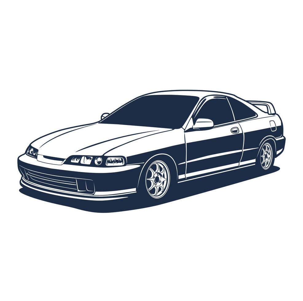 A black and white illustration of 90's Japan's car vector