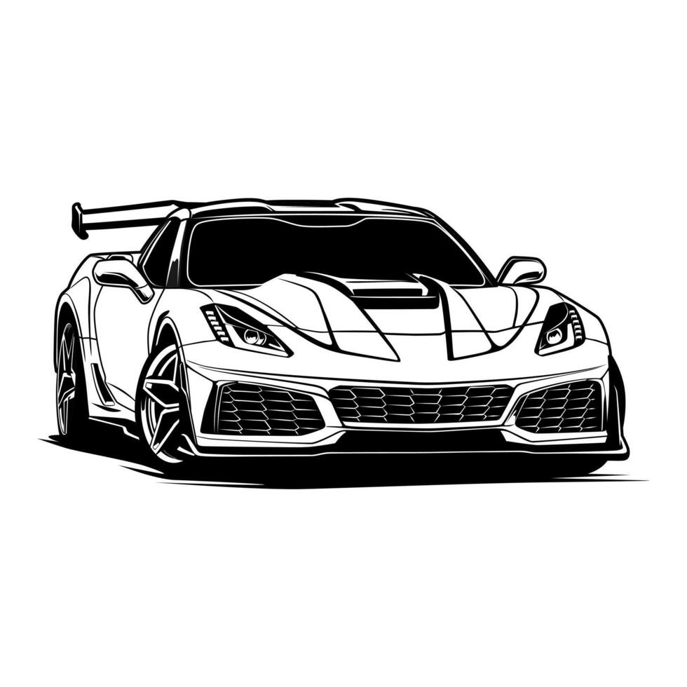 A black and white drawing of American V8 muscle car vector