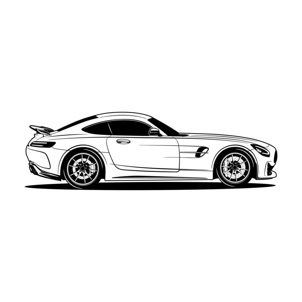 black and white side view sports car coupe illustration vector