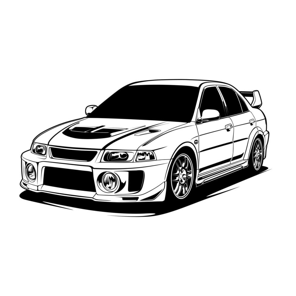 A black and white drawing of a sedan rally car vector