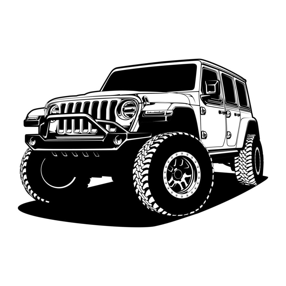 Black and white drawing of an off road car vector