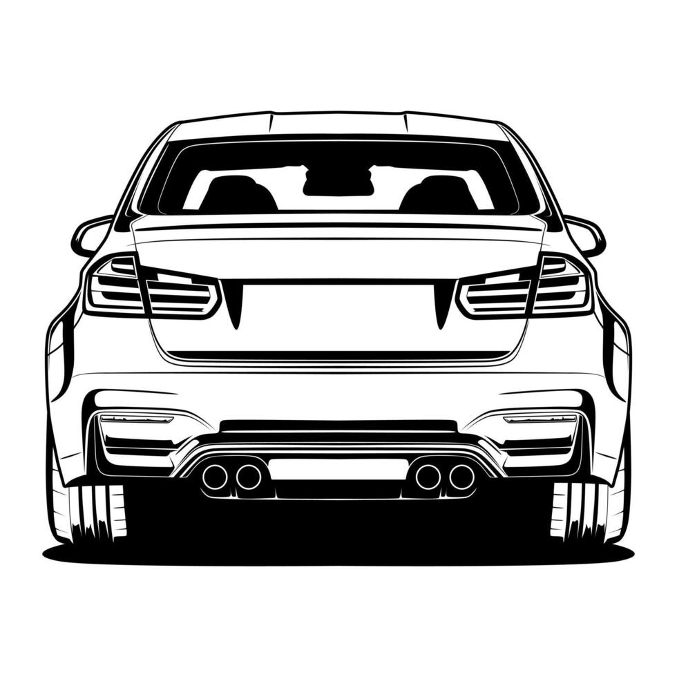 A black and white drawing European sports car in back view vector