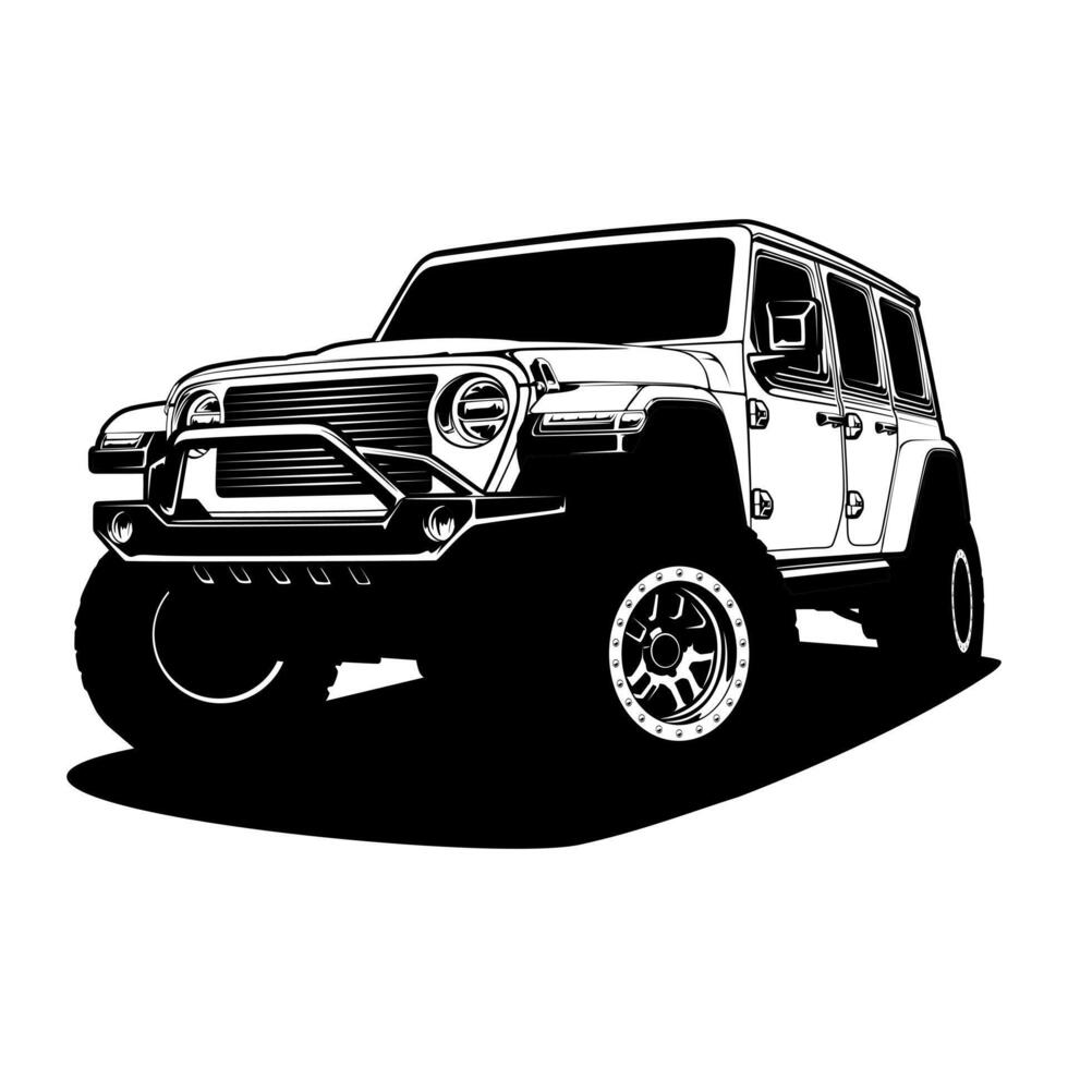 Black and white illustration of an off road car on a white background vector
