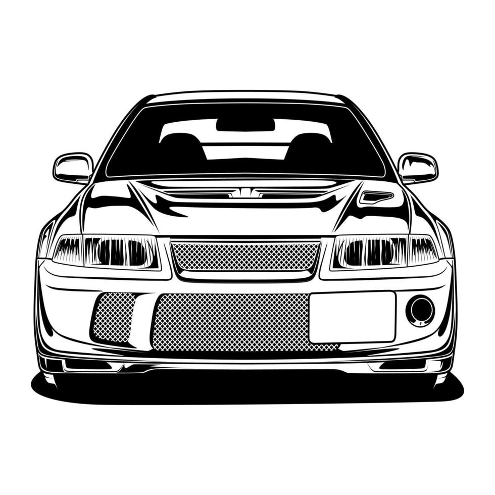 A black and white drawing of rally car front view vector