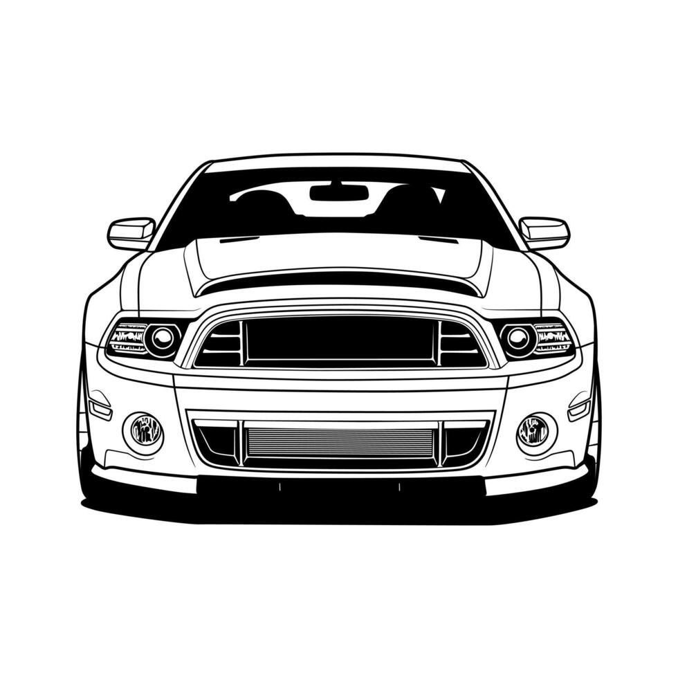 Front view black and white illustration of V8 American muscle car vector