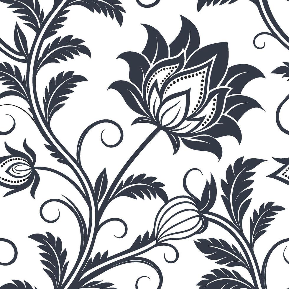 Elegant Seamless Floral Pattern Design Dark Gray Flowers and Leaves on White Background vector