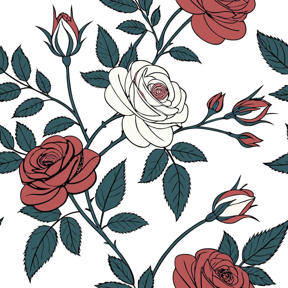 Elegant Seamless Pattern with Red and White Roses and Lush Green Leaves vector