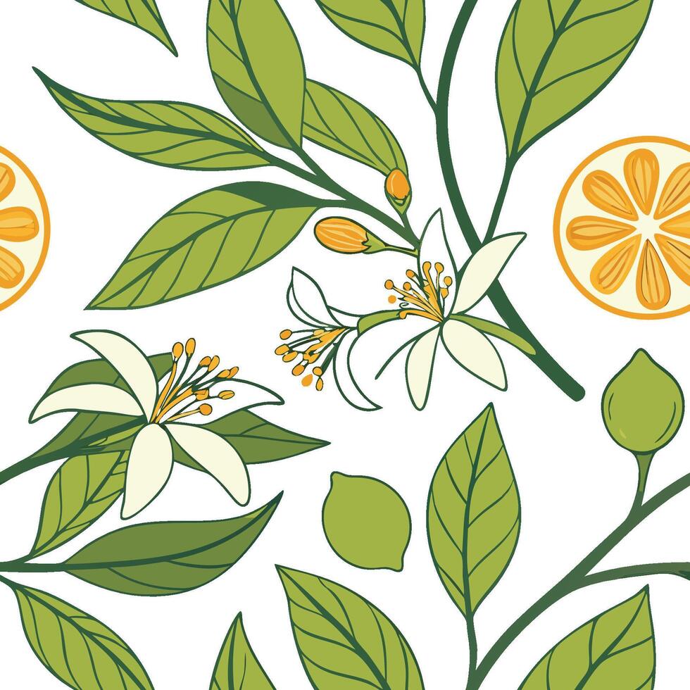 Vibrant Lemon Blossoms and Fruit Seamless Pattern Design Botanical Illustration vector