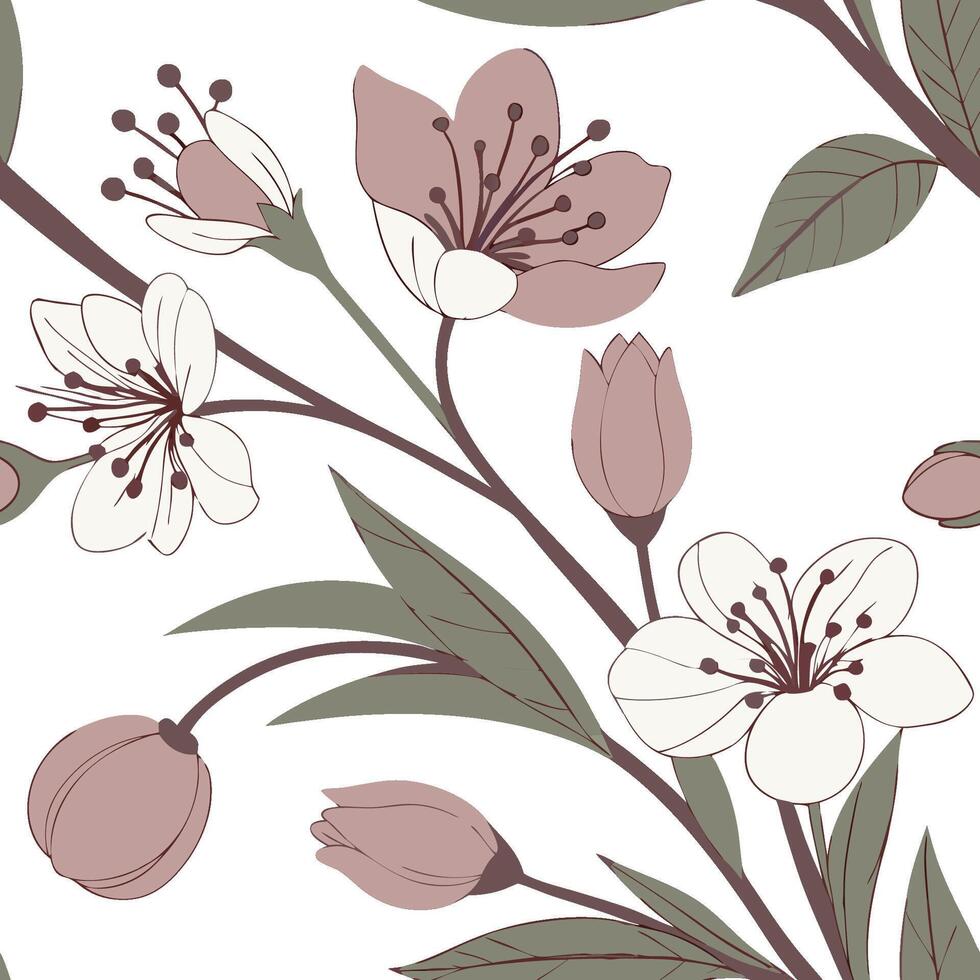 Elegant Floral Pattern Design Blooming Branches with Delicate Flowers and Buds Seamless Background vector