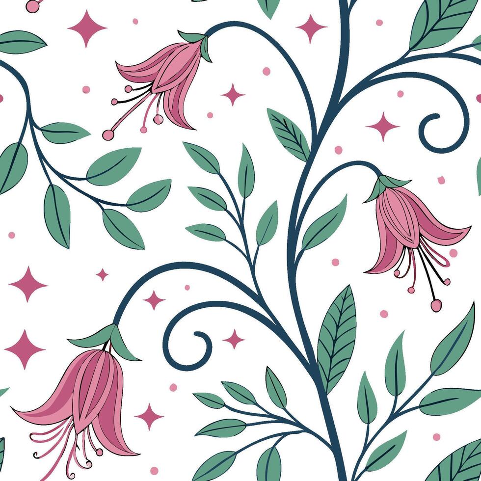 Elegant Pink Flower Seamless Pattern Botanical Illustration with Twirling Stems and Leaves vector
